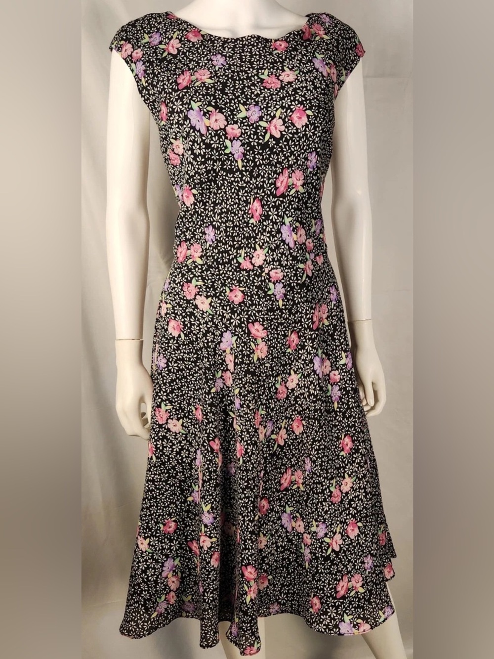 Vintage 90’s Midi Dress Black w/ Pink Floral Cottagecore Garden Party Size10